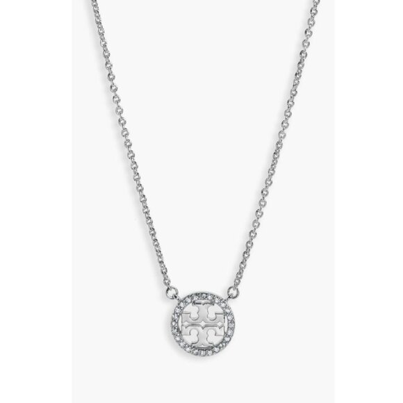 Tory Burch Silver Miller Logo Pave Chainlink Necklace - Picture 1 of 6